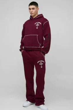 Cheap boohooMAN Oversized Boxy Cross Print Stacked Gusset Hooded Tracksuit burgundy