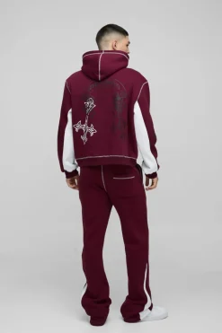 Cheap boohooMAN Oversized Boxy Cross Print Stacked Gusset Hooded Tracksuit burgundy