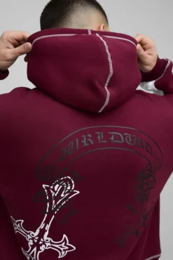 Cheap boohooMAN Oversized Boxy Cross Print Stacked Gusset Hooded Tracksuit burgundy