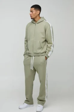 Outlet boohooMAN Oversized Boxy Cross Side Tape Zip Through Hooded Tracksuit khaki