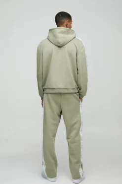Outlet boohooMAN Oversized Boxy Cross Side Tape Zip Through Hooded Tracksuit khaki