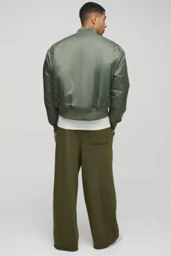 Online boohooMAN Oversized Boxy Curved Hem Nylon Bomber Jacket olive