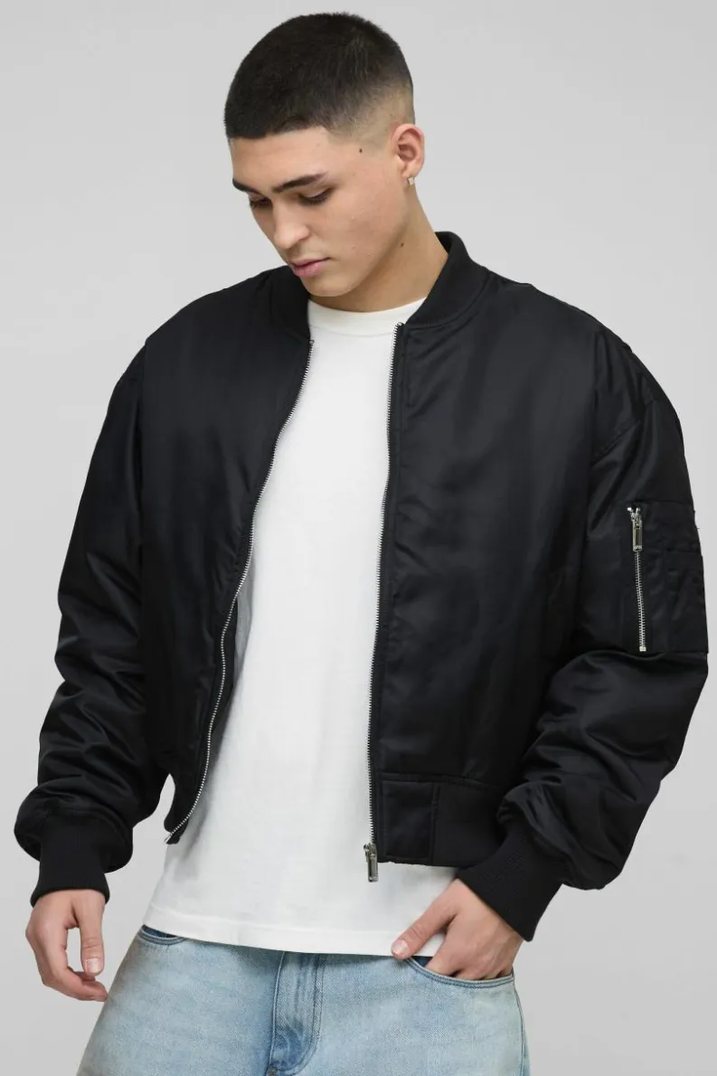 New boohooMAN Oversized Boxy Curved Hem Nylon Bomber Jacket black