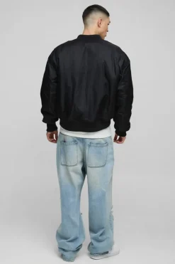 New boohooMAN Oversized Boxy Curved Hem Nylon Bomber Jacket black