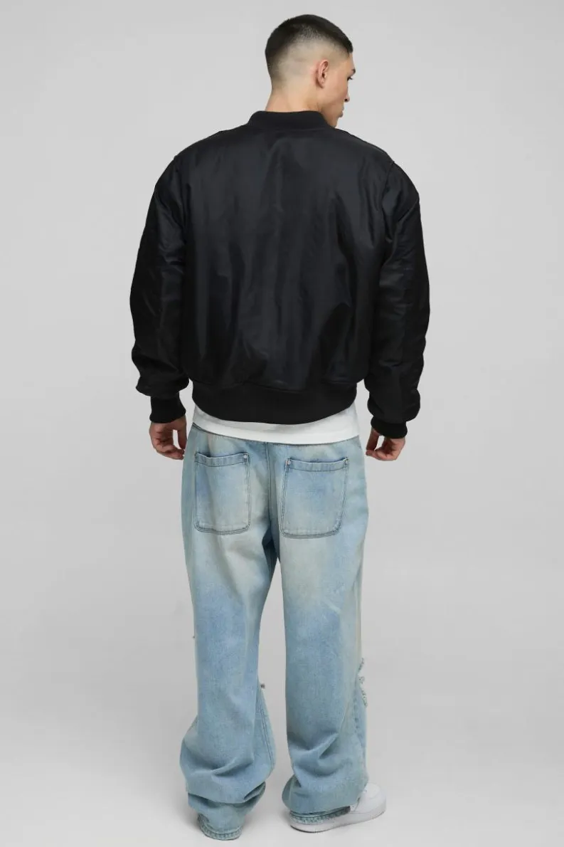 New boohooMAN Oversized Boxy Curved Hem Nylon Bomber Jacket black