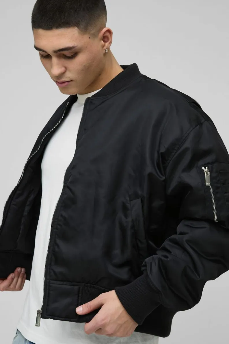 New boohooMAN Oversized Boxy Curved Hem Nylon Bomber Jacket black