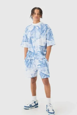 Cheap boohooMAN Oversized Boxy Denim Printed Waffle T-shirt & Shorts Set blue