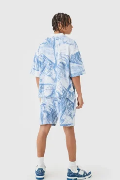 Cheap boohooMAN Oversized Boxy Denim Printed Waffle T-shirt & Shorts Set blue