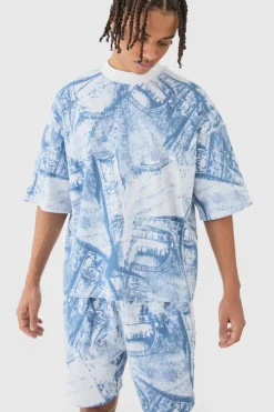 Cheap boohooMAN Oversized Boxy Denim Printed Waffle T-shirt & Shorts Set blue