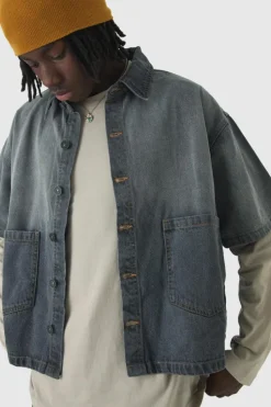 Clearance boohooMAN Oversized Boxy Denim Shirt mid grey