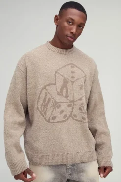 Best Sale boohooMAN Oversized Boxy Dice Graphic Brushed Knitted Jumper ecru