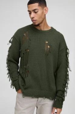 New boohooMAN Oversized Boxy Distressed Textured Knitted Jumper khaki