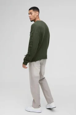 New boohooMAN Oversized Boxy Distressed Textured Knitted Jumper khaki