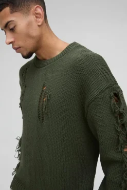 New boohooMAN Oversized Boxy Distressed Textured Knitted Jumper khaki