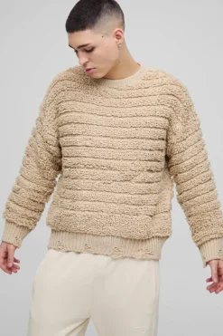 Flash Sale boohooMAN Oversized Boxy Distressed Textured Knitted Jumper stone