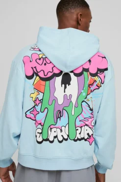 Cheap boohooMAN Oversized Boxy Doodle Graphic Puff Print Hoodie light blue
