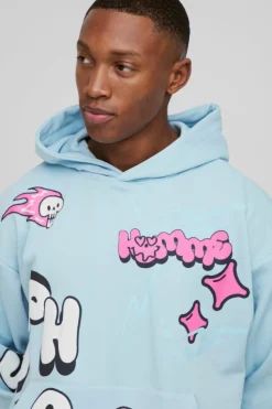 Cheap boohooMAN Oversized Boxy Doodle Graphic Puff Print Hoodie light blue