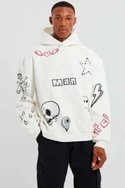 Best boohooMAN Oversized Boxy Doodle Graphic Hoodie ecru