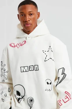 Best boohooMAN Oversized Boxy Doodle Graphic Hoodie ecru