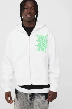 Cheap boohooMAN Oversized Boxy Doodle Zip Through Graphic Puff Print Hoodie white
