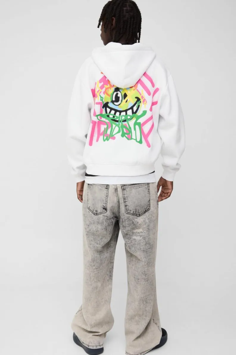 Cheap boohooMAN Oversized Boxy Doodle Zip Through Graphic Puff Print Hoodie white