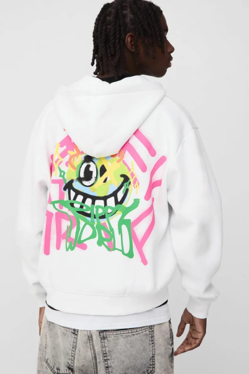 Cheap boohooMAN Oversized Boxy Doodle Zip Through Graphic Puff Print Hoodie white