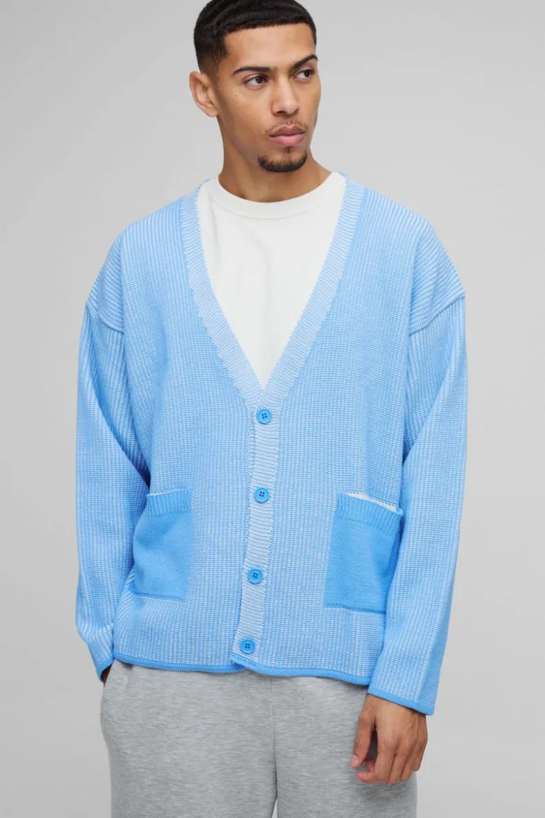 Clearance boohooMAN Oversized Boxy Dropped Shoulder Plated Ribbed Knitted Cardigan light blue