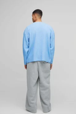 Clearance boohooMAN Oversized Boxy Dropped Shoulder Plated Ribbed Knitted Cardigan light blue
