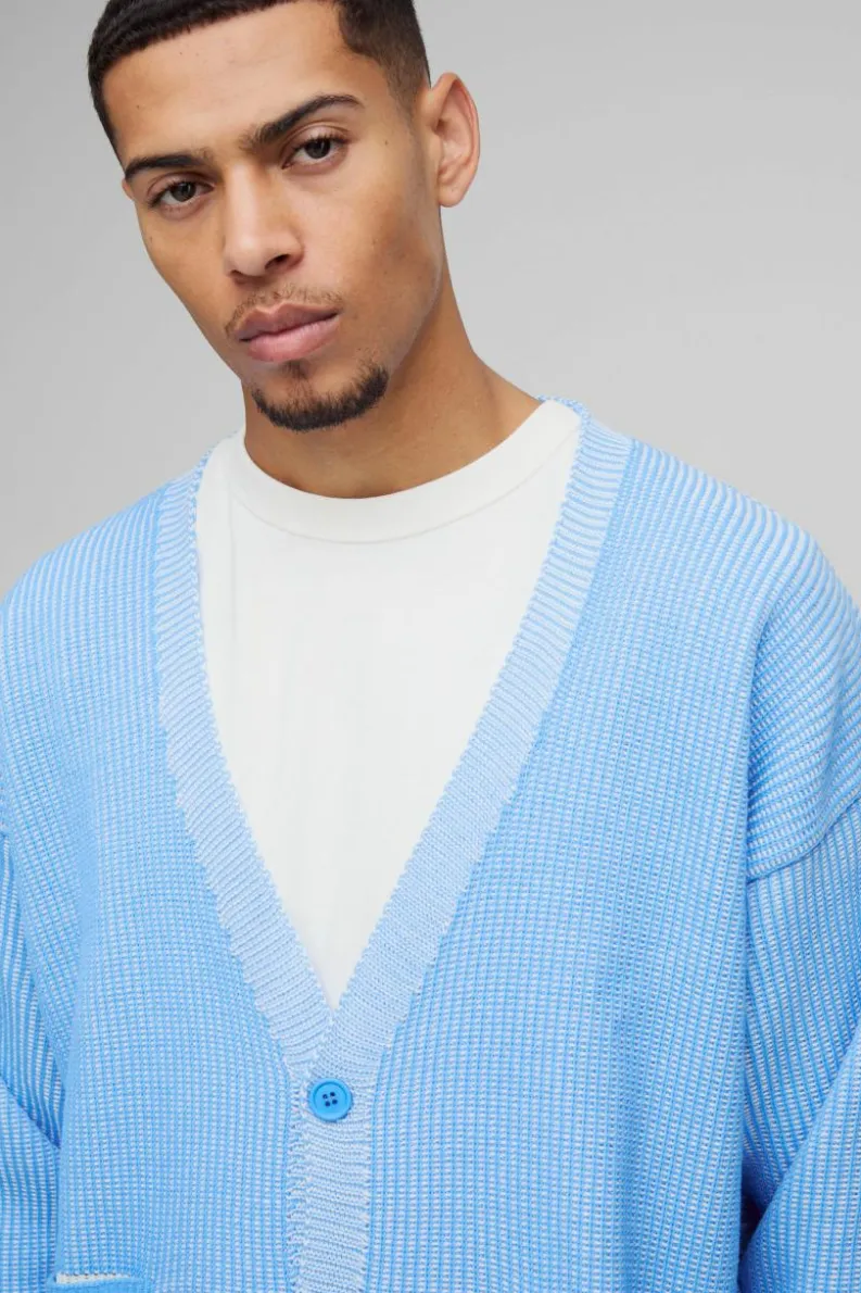 Clearance boohooMAN Oversized Boxy Dropped Shoulder Plated Ribbed Knitted Cardigan light blue