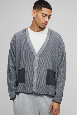 Cheap boohooMAN Oversized Boxy Dropped Shoulder Plated Ribbed Knitted Cardigan charcoal
