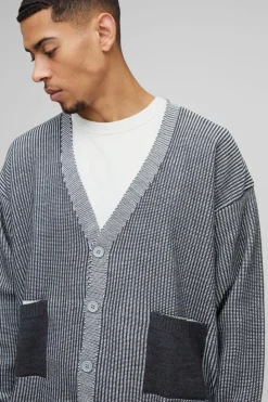 Cheap boohooMAN Oversized Boxy Dropped Shoulder Plated Ribbed Knitted Cardigan charcoal