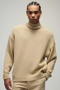 Best Sale boohooMAN Oversized Boxy Dropped Shoulder Funnel Neck Knitted Jumper stone