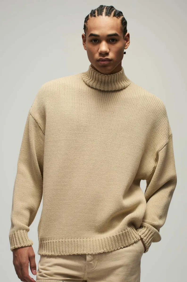 Best Sale boohooMAN Oversized Boxy Dropped Shoulder Funnel Neck Knitted Jumper stone
