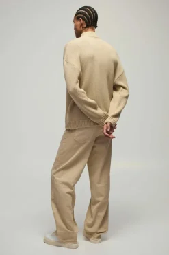 Best Sale boohooMAN Oversized Boxy Dropped Shoulder Funnel Neck Knitted Jumper stone