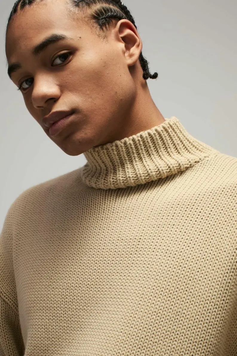 Best Sale boohooMAN Oversized Boxy Dropped Shoulder Funnel Neck Knitted Jumper stone