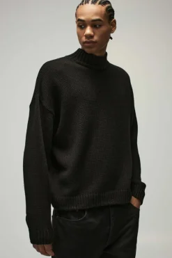 Hot boohooMAN Oversized Boxy Dropped Shoulder Funnel Neck Knitted Jumper black