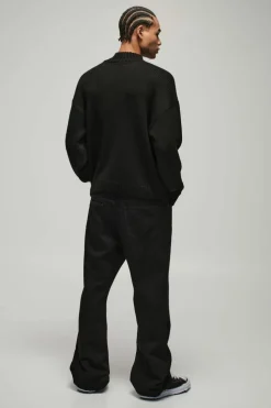 Hot boohooMAN Oversized Boxy Dropped Shoulder Funnel Neck Knitted Jumper black