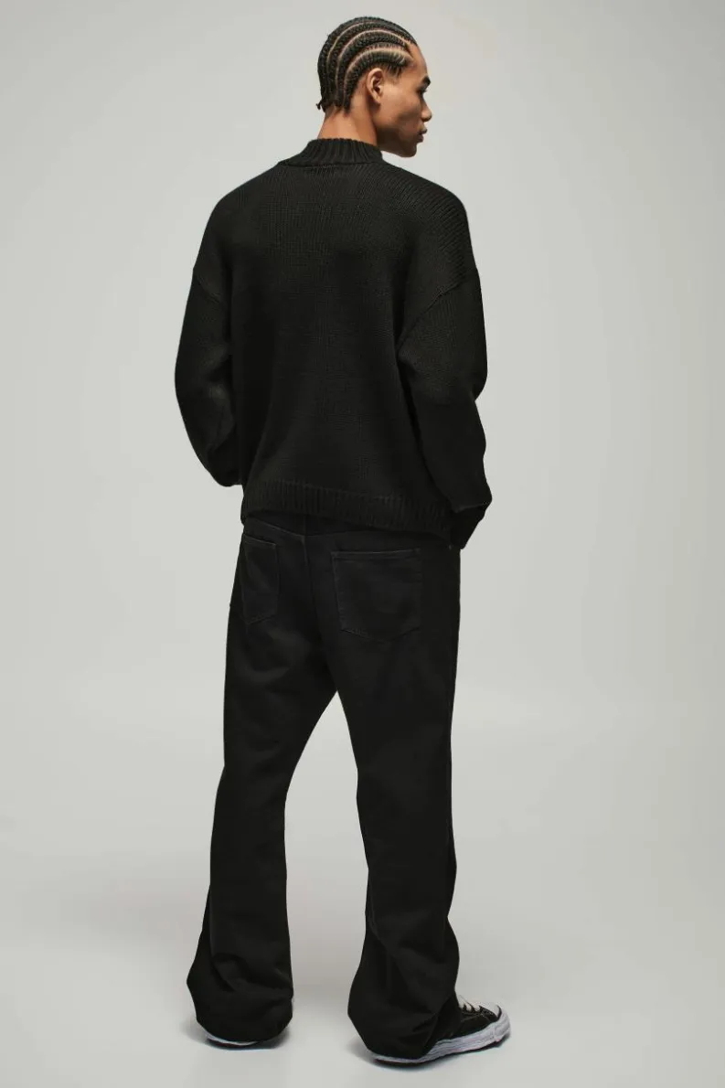 Hot boohooMAN Oversized Boxy Dropped Shoulder Funnel Neck Knitted Jumper black