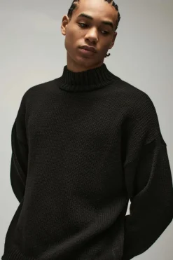 Hot boohooMAN Oversized Boxy Dropped Shoulder Funnel Neck Knitted Jumper black