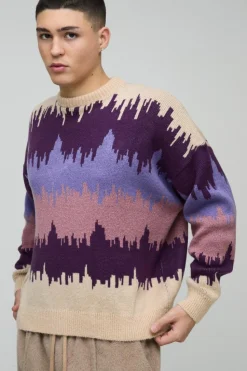 Best boohooMAN Oversized Boxy Dropped Shoulder Brushed Abstract Knitted Jumper brown