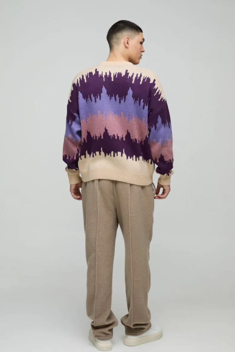 Best boohooMAN Oversized Boxy Dropped Shoulder Brushed Abstract Knitted Jumper brown