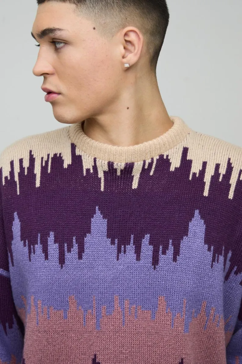 Best boohooMAN Oversized Boxy Dropped Shoulder Brushed Abstract Knitted Jumper brown