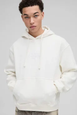 Best boohooMAN Oversized Boxy Embroidered Globe Hoodie ecru