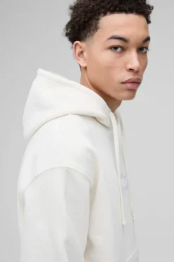 Best boohooMAN Oversized Boxy Embroidered Globe Hoodie ecru