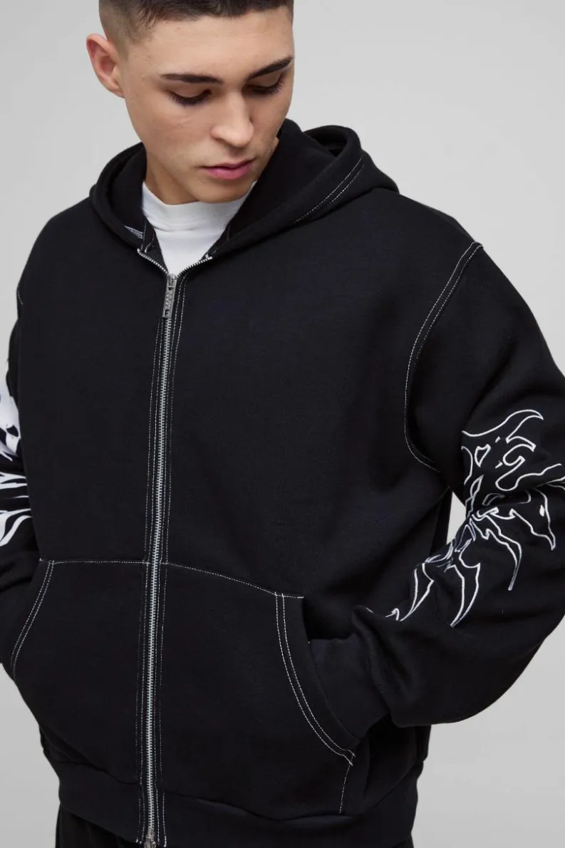 Hot boohooMAN Oversized Boxy Embroidered Hoodie black