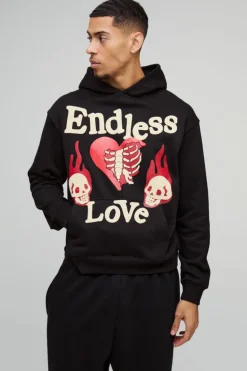 Store boohooMAN Oversized Boxy Endless Love Puff Print Graphic Hoodie black