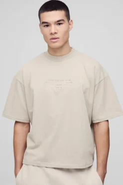 Cheap boohooMAN Oversized Boxy Extended Neck Peached Heavyweight T-shirt sand