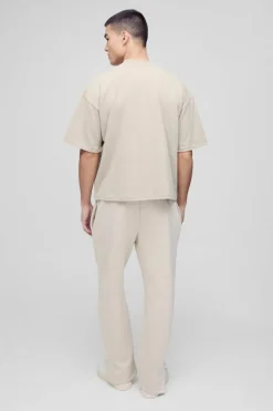 Cheap boohooMAN Oversized Boxy Extended Neck Peached Heavyweight T-shirt sand