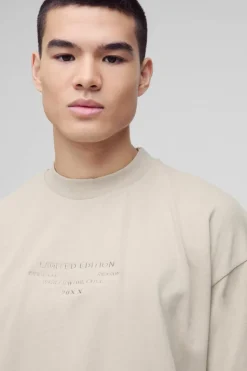 Cheap boohooMAN Oversized Boxy Extended Neck Peached Heavyweight T-shirt sand