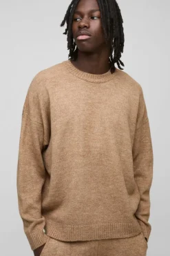 Flash Sale boohooMAN Oversized Boxy Extended Neck Brushed Knit Jumper brown
